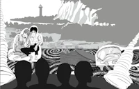 a black and white drawing of a group of people