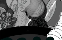 a black and white drawing of a man and a woman