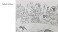 a drawing of a large coral and seaweed aquarium
