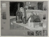 a drawing of a bottle of wine and a birdhouse