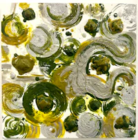 a painting with yellow and white swirls on a white background