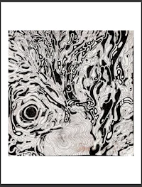 a black and white painting with swirls and swirls