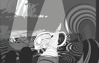 a black and white drawing of a man in a boat